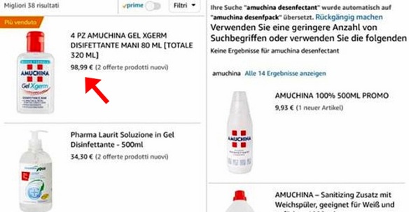 MEDICINA ONLINE Coronavirus in Italia prezzi degli igienizzanti alle stelle Amuchina su Amazon a quasi 100 euro sciacallaggio.jpg