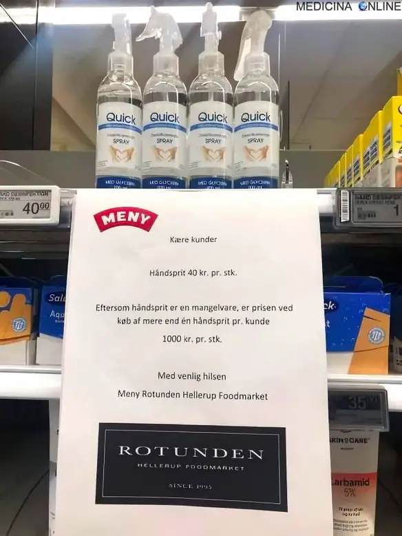 MEDICINA ONLINE Idea di un supermercato danese, per evitare che qualcuno possa prendere tutti i disinfettanti per le mani e qualcun altro rimanga senza 1 confezione 4 euro 2 confezioni 95 euro COVID19 CORONAVIRUS.jpg